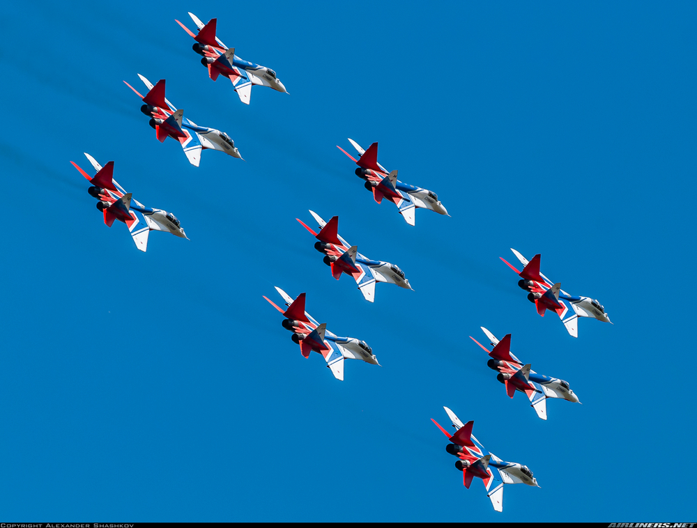 une formation de 6 MiG-29 9.13 en vol