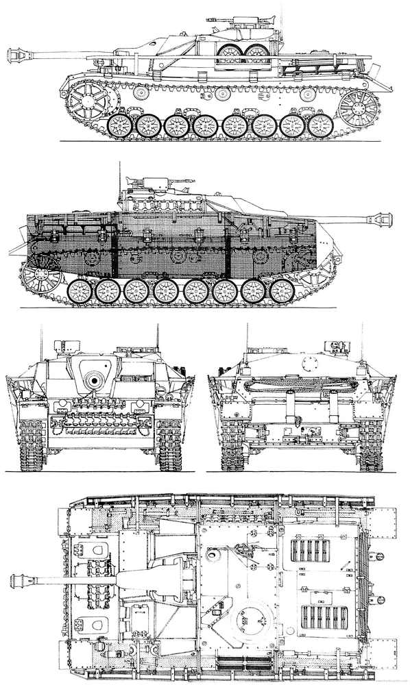 le plan à 5 vues d'un Sd.Kfz. 167 Sturmgeschutz IV (Late)