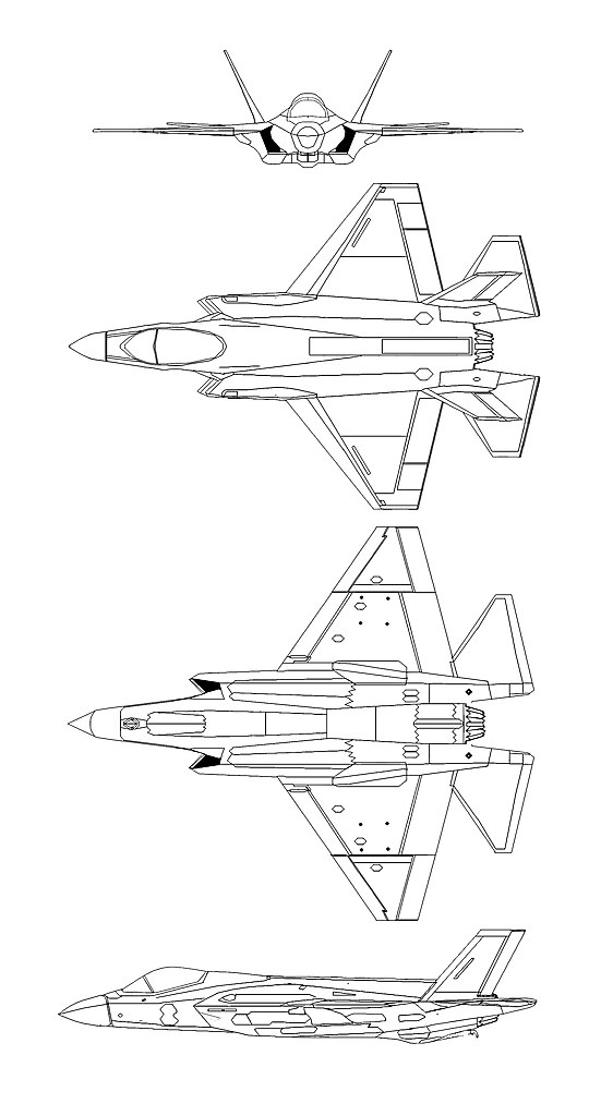 le plan à 4 vues d'un F-35