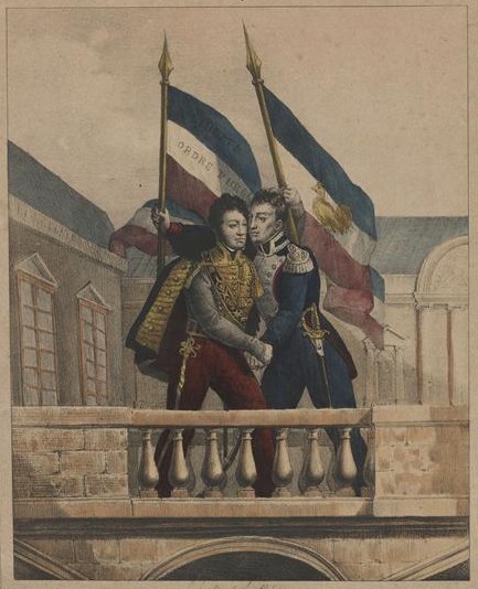 La Fayette donne l'accolade au duc d'Orléans au balcon de l'hôtel de ville