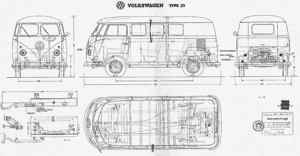 le plan à 4 vues d'un VW Type 2 T1