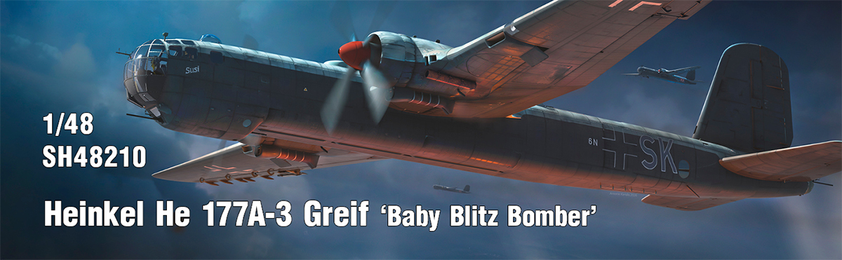 une bannière qui présente le kit Special Hobby 48210 Heinkel He 177A-3 Greif Baby Blitz Bomber au 1/48