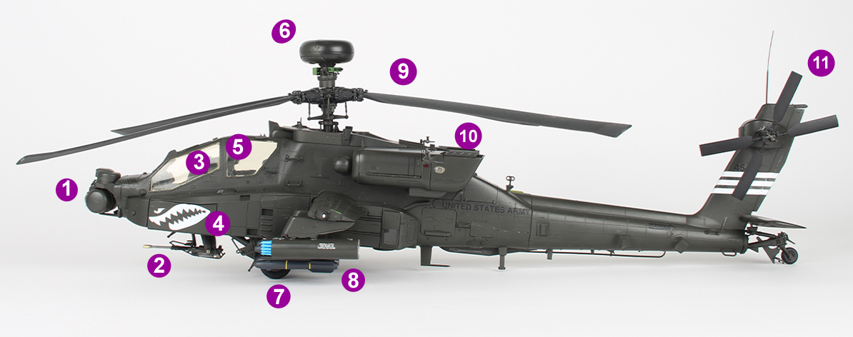 le Boeing AH-64 avec légendes sur les détails de la maquette