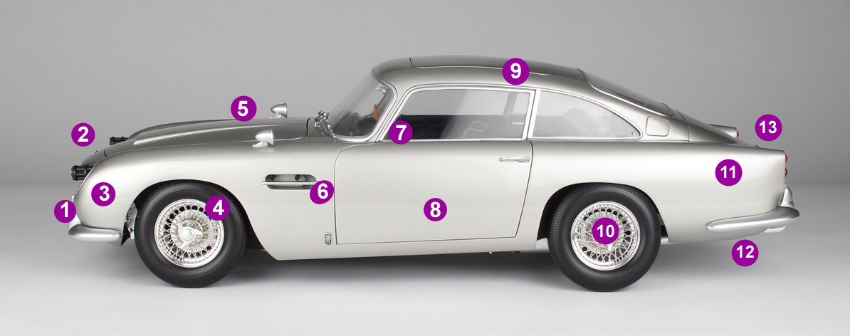 l'Aston Martin DB5 avec légendes sur les détails de la maquette