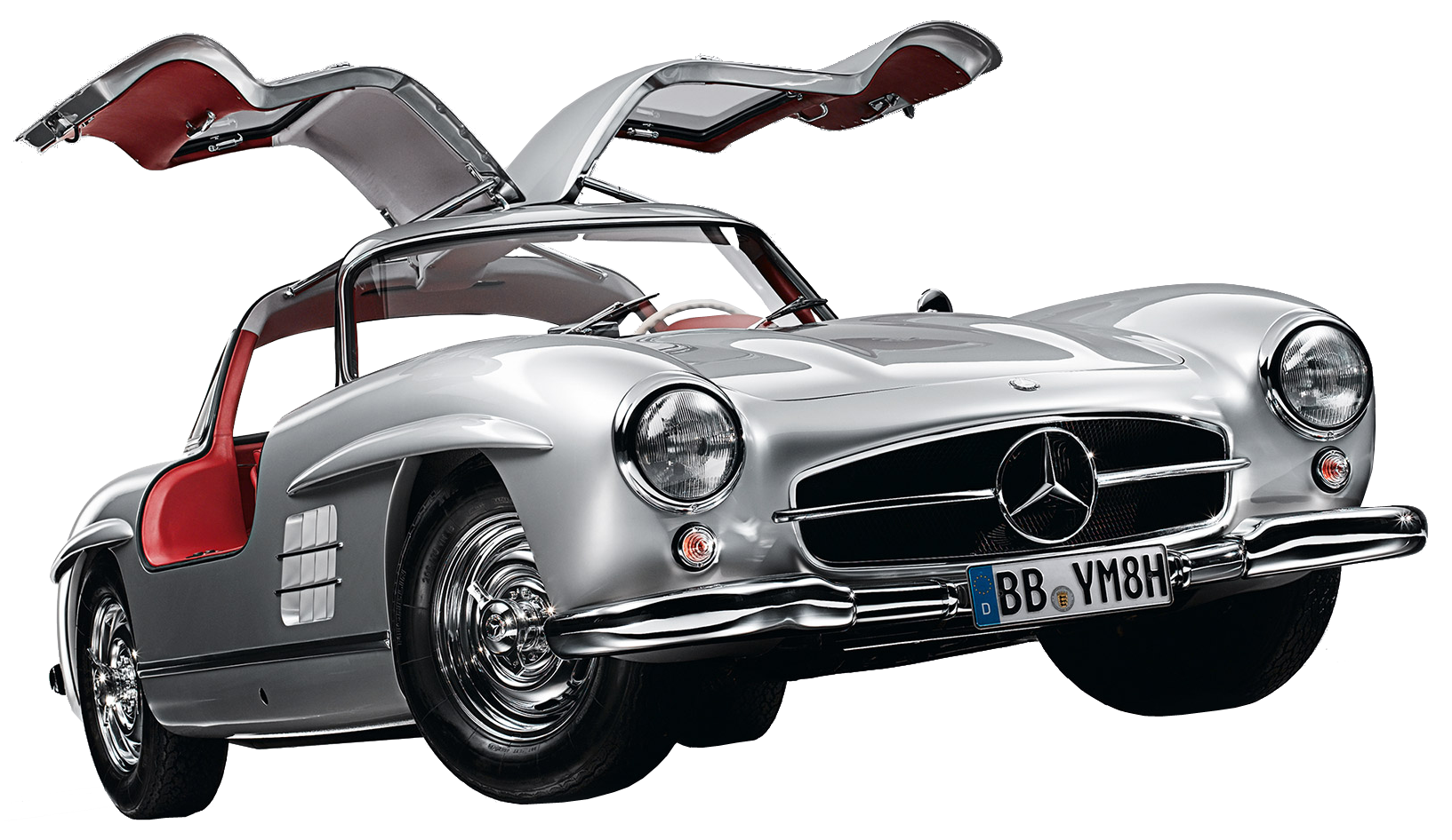 la Mercedes-Benz 300 SL (W198) 1955 gris métallisée, vue de 3/4 avant droit, portière ouvertes