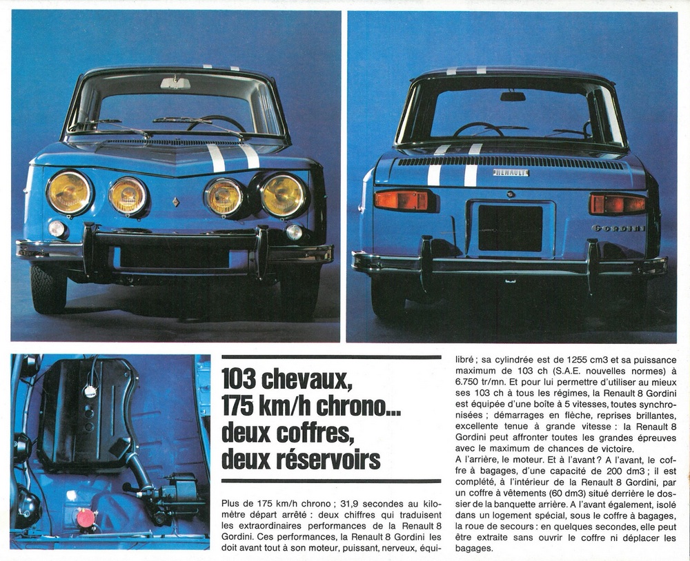 plusieurs vues d'une Renault 8 Gordini 1967 : vue de face, vue de l'arrière, vue sur le réservoir seconsaire